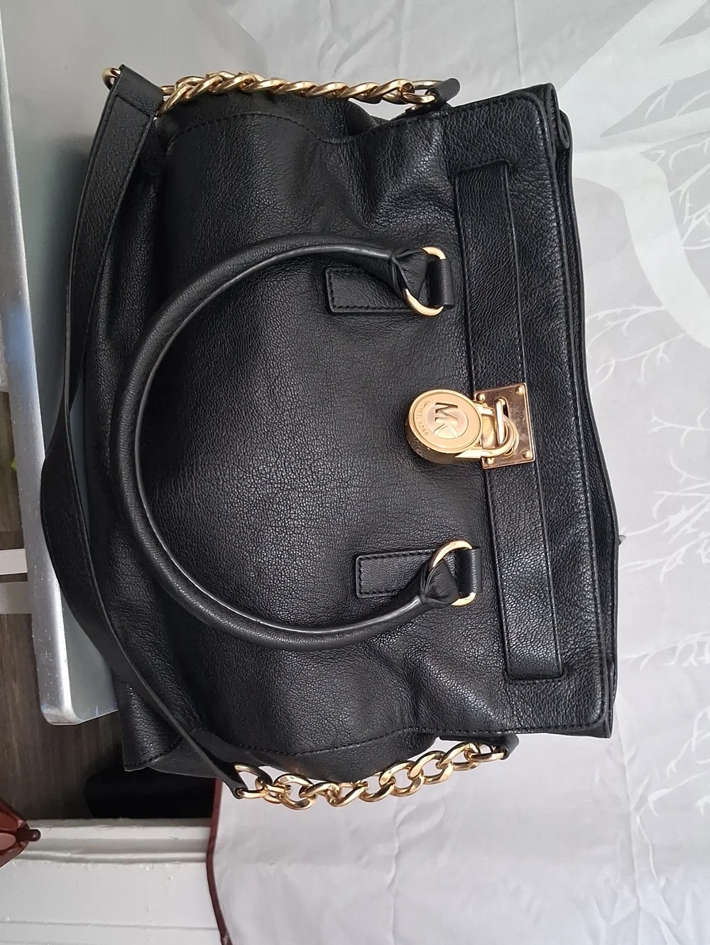 Michael Kors Black  Largr Hamilton  Leather Satchel with Gold-Tone Chain Detail